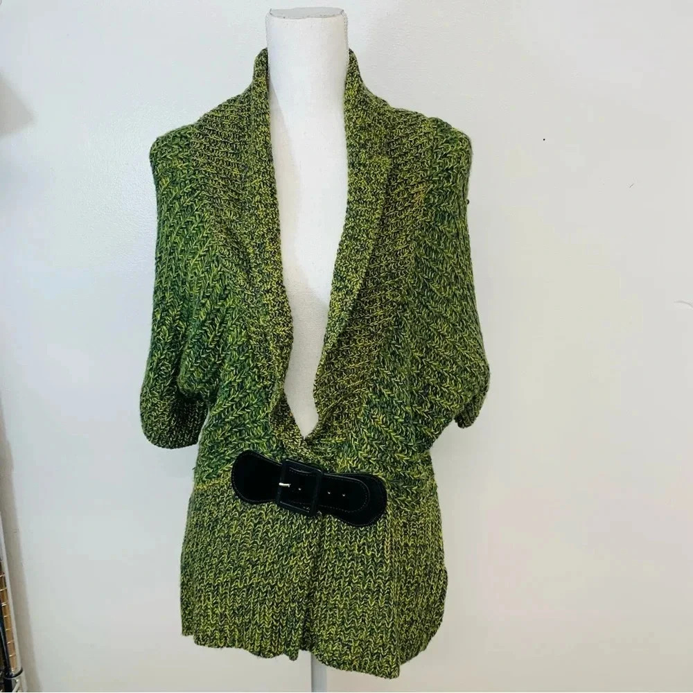 Allison Brittney Sweater Green Yellow Button Belted Short Sleeve Cardigan